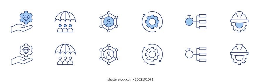 Management icon set in two styles, Duotone and Thin Line style. Editable stroke. value proposal, risk management, community manager, update, hierarchy, engineering.