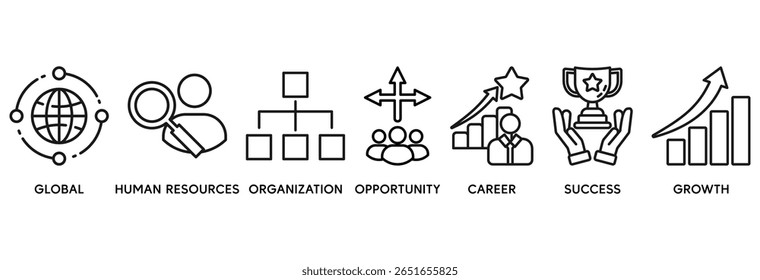 Management Icon Set Vektorgrafik Konzept beziehen sich auf globale, Humanressourcen, Organisation, Chance, Karriere, Erfolg und Wachstum
