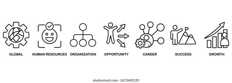 Concepto de Ilustración vectorial de conjunto de iconos de gestión para global, recursos humanos, organización, oportunidad, carrera, éxito y crecimiento