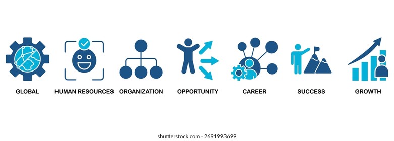 Management-Icon-Set, Vektorgrafik-Konzept für Global, Personal, Organisation, Chancen, Karriere, Erfolg und Wachstum