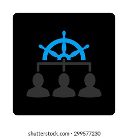 Management icon. Vector style is bicolor flat symbol, gray and light blue colors, black rounded square button, white background.