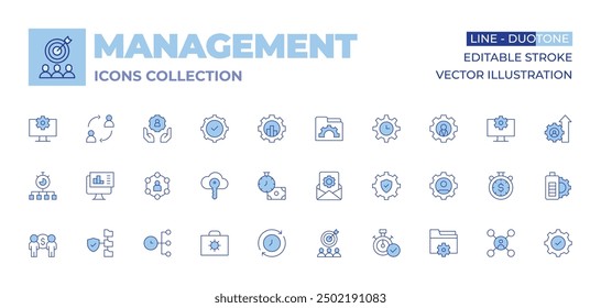 Management icons collection. Line Duotone style, editable stroke. adjust, key, time manager, analysis, target, time management, people, email, briefcase, data management, user.