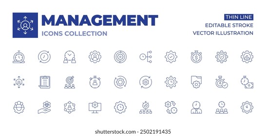Sammlung von Verwaltungssymbolen. Symbole für dünne Linien, editierbarer Strich. Wert Angebot, Benutzer, Zeitmanagement, Teamarbeit, Aufgaben, Ziel, System, Outsourcing, Update, Lösungen.