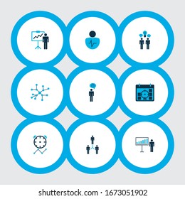 Management icons colored set with personal presentation, team building, project deadlines and other project presentation elements. Isolated vector illustration management icons.