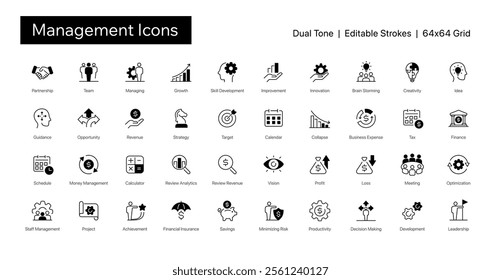 Management Icons, Duotone Semi Solid, Editable Strokes, 64x64 grid, 1.5pt stroke