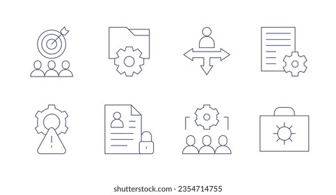 Management icons. Editable stroke. Containing target, settings, decision making, content management, risk management, personal information, collaboration, briefcase.