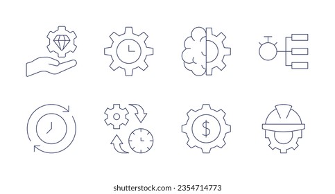 Management icons. Editable stroke. Containing value proposal, time management, machine learning, hierarchy, adjust, gear, engineering.