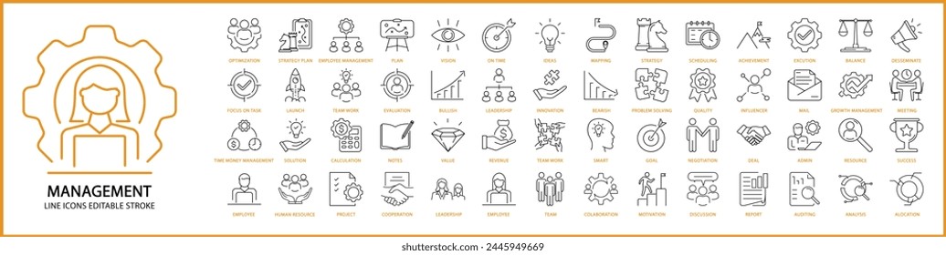 Management icons. Management icon set. Management line icons. Vector illustration. Editable stroke.