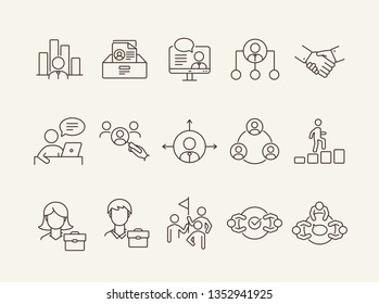 Management icons. Line icons collection on white background. Handshake, employee search, career. Business concept. Vector illustration can be used for topic like partnership, teamwork, employment
