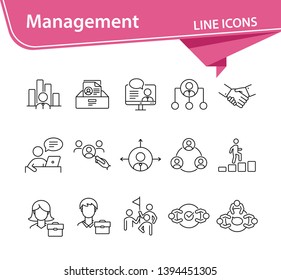 Management icons. Line icons collection on white background. Handshake, employee search, career. Business concept. Vector illustration can be used for topic like partnership, teamwork, employment
