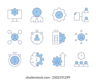 Management icons. Line Duotone style, editable stroke. document, machine learning, delegate, time management, outsourcing, settings, battery, system, business.