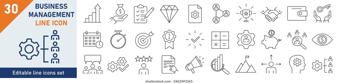 Management icons Pixel perfect. Management icon set. Set of 30 outline icons related to management, functions, principles, goals. Linear icon collection. Editable stroke. Vector illustration.