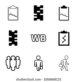 Management icons. set of 9 editable filled and outline management icons such as domino, clipboard with chart, man with case, group