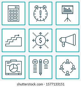 Management icons set with best solution, teamwork and meeting, goal time management elements. Isolated vector illustration management icons.
