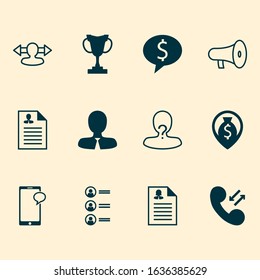 Management icons set with chat, curriculum vitae, money and other bullhorn elements. Isolated vector illustration management icons.