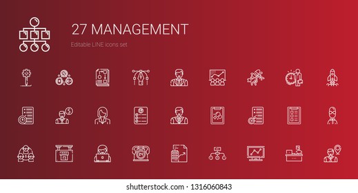 management icons set. Collection of management with analytics, hierarchical structure, real estate, hours, user, team, planning, tasks. Editable and scalable management icons.