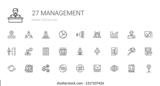 management icons set. Collection of management with brand, chart, help, vision, analysis, skills, exchange, tasks, startup, teamwork, employee. Editable and scalable management icons.