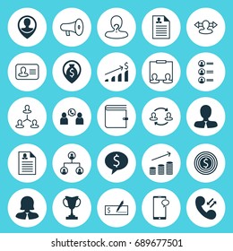 Management Icons Set. Collection Of Businesswoman, Deal, Curriculum Vitae And Other Elements. Also Includes Symbols Such As Cellular, Publicity, Money.