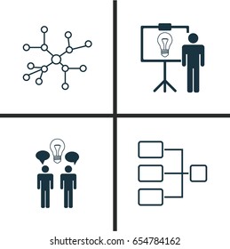 Management Icons Set. Collection Of Co-Working, Solution Demonstration, System Structure And Other Elements. Also Includes Symbols Such As Communication, Presentation, Solution.