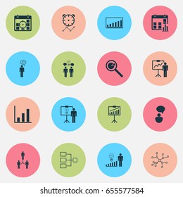 Management Icons Set. Collection Of Decision Making, Project Analysis, Reminder And Other Elements. Also Includes Symbols Such As Communication, Research, Cooperation.