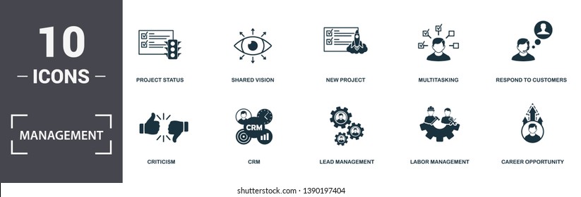 Management icons set collection. Includes simple elements such as Project Status, Shared Vision, New Project, Multitasking, Respond To Customers, Crm and Lead Management premium icons.