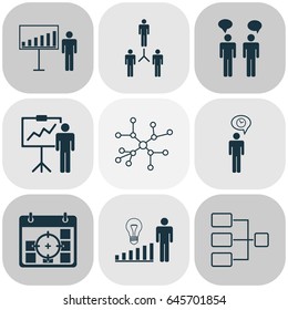 Management Icons Set. Collection Of Project Targets, Decision Making, Special Demonstration And Other Elements. Also Includes Symbols Such As Goals, Success, Team.