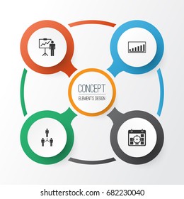 Management Icons Set. Collection Of Special Demonstration, Project Targets, Group Organization And Other Elements. Also Includes Symbols Such As Team, Statistic, Analysis.