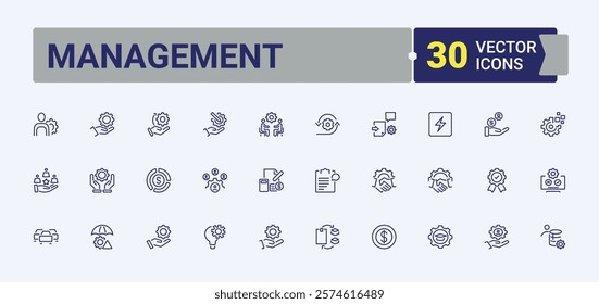 Management icons set. Contains related to leader, resources, manager, strategy, human, people and more. Minimalistic icons. Editable stroke. Vector illustration.