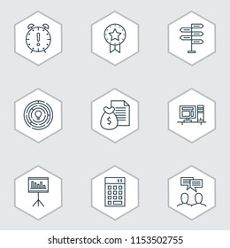 Management icons set with deadline, decision making, team meeting and other report elements. Isolated vector illustration management icons.