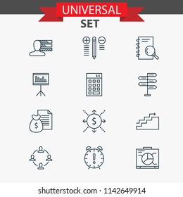 Management icons set with decision making, research plan, goal and other presentation elements. Isolated vector illustration management icons.