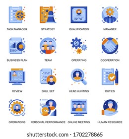 Iconos de administración establecidos en estilo plano. Caza de cabezas y calificación, reunión en línea, cooperación de equipo y signos de rendimiento personal. Pictogramas de administración de tareas y planificación de estrategias para el diseño de la interfaz de usuario de UX.