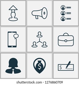 Management icons set with handbag, career prospects, dollar bank check messaging elements. Isolated vector illustration management icons.
