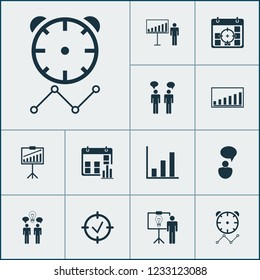 Management icons set with idea discussions, statistical presentation, project deadlines and other project presentation elements. Isolated vector illustration management icons.