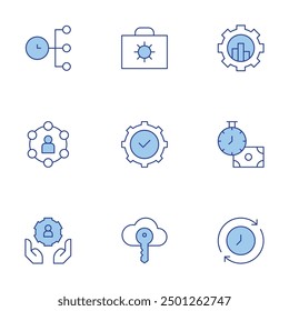 Management icons set. Line Duotone style, editable stroke. adjust, key, time manager, time management, sales, community, compliance, briefcase, user.