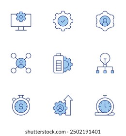 Management icons set. Line Duotone style, editable stroke. time management, delegate, gear, settings, battery, system, business, project management.