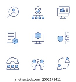 Management icons set. Line Duotone style, editable stroke. system, headhunting, analysis, people, gear, content management, time management, data management, change.