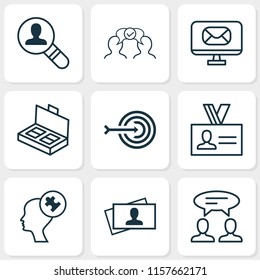 Management icons set with problem solving, discussion, identity card and other authentication elements. Isolated vector illustration management icons.