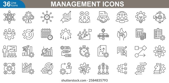 Management icons set. Professional vector illustrations representing project management, task organization, leadership, time management, strategy planning, team collaboration and more.