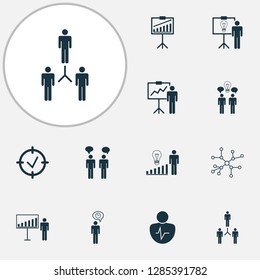 Management icons set with project goals, management improvements, personal presentation and other co-working elements. Isolated vector illustration management icons.