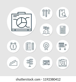 Management icons set with research plan, award, best solution and other decision making elements. Isolated vector illustration management icons.