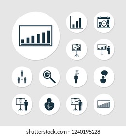Management icons set with statistic research, project statistics, personality traits and other project targets elements. Isolated vector illustration management icons.