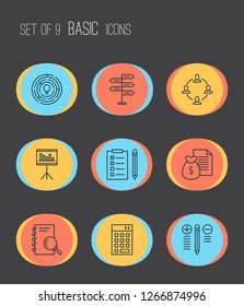 Management icons set with task list, money revenue, financial budget and other collaboration elements. Isolated vector illustration management icons.