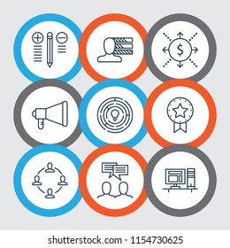 Management icons set with teamwork and meeting, promotion, personality innovation elements. Isolated vector illustration management icons.