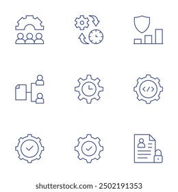 Verwaltungssymbole festgelegt. Stil der dünnen Linie, bearbeitbarer Strich. Risikomanagement, Ausrüstung, Dokument, Compliance, Codierung, Zeitmanagement, Einstellungen, persönliche Informationen.