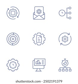 Management icons set. Thin Line style, editable stroke. email, content management, analysis, update, time manager, time management, sustain, solutions.