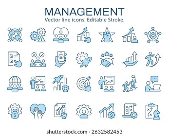 Ícones de gerenciamento, como planejamento, estratégia, sucesso, negócios e muito mais. Ilustração vetorial isolada em branco. Traçado editável. Altere para qualquer tamanho e qualquer cor.