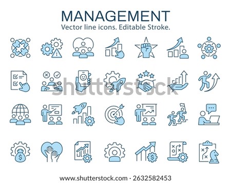 Management icons, such as planning, strategy, success, business and more. Vector illustration isolated on white. Editable stroke. Change to any size and any color.