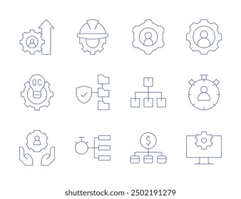 Management icons. Thin Line style, editable stroke. quality control, hierarchy, engineering, data management, business, management, gear, distribution, community.