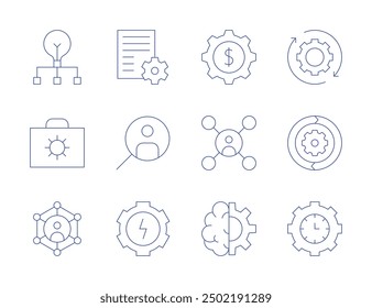 Management icons. Thin Line style, editable stroke. headhunting, energy, content management, briefcase, machine learning, gear, delegate, community manager, project management.