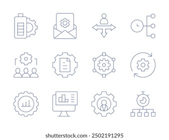 Management icons. Thin Line style, editable stroke. email, content management, battery, analysis, leader, gear, decision making, collaboration, program.